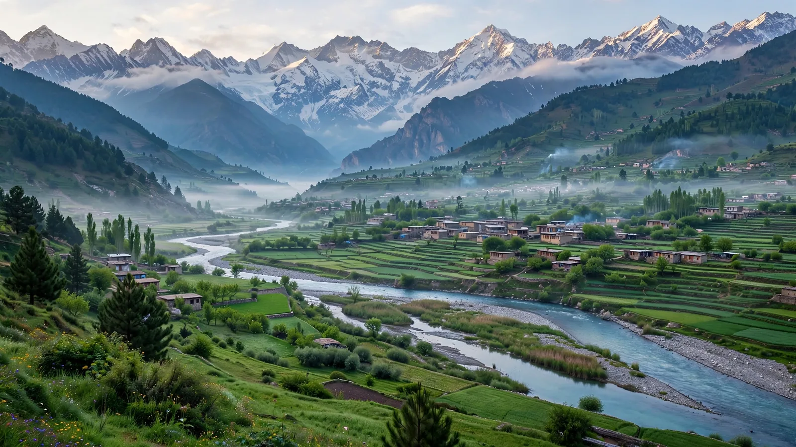 Panoramic view of Swat Valley with the river and snow-capped mountains